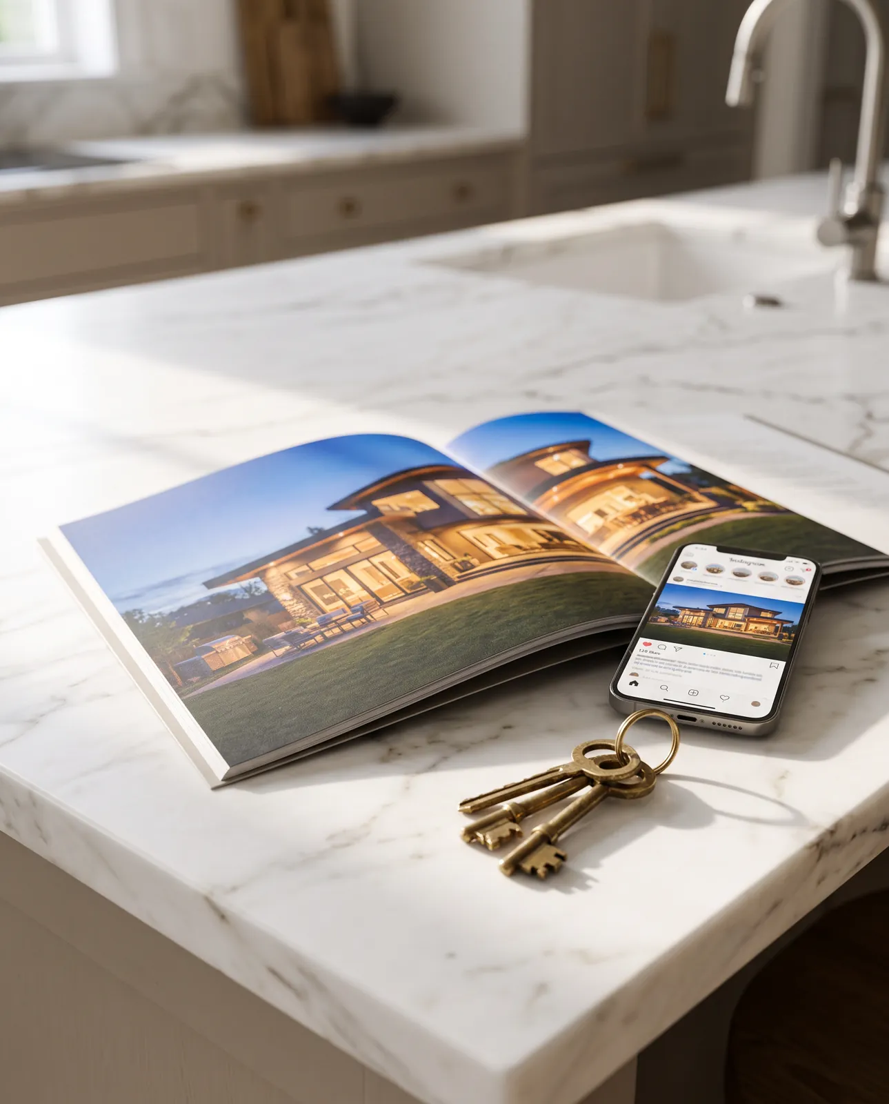 Printed listing brochure beside a phone and keys