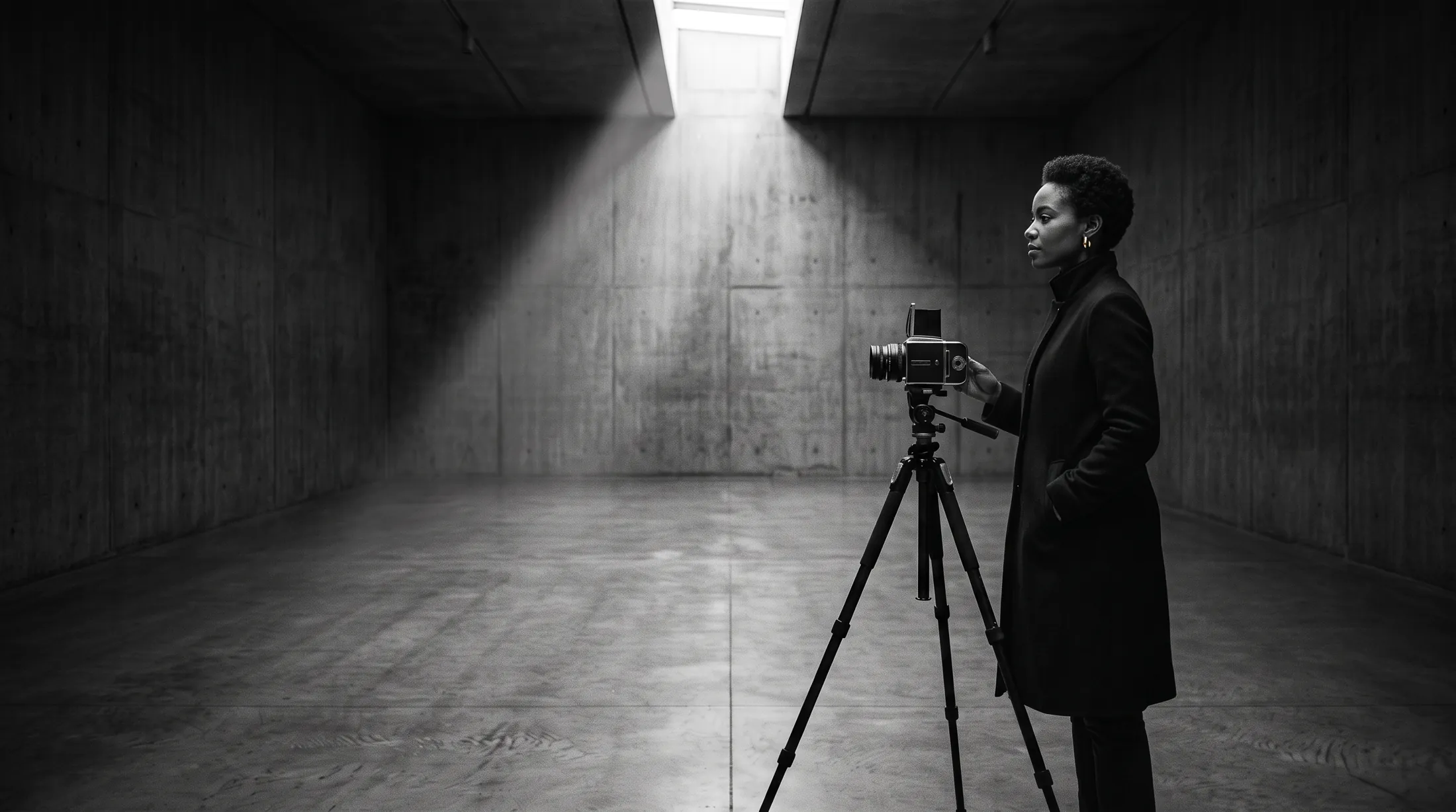 Photographer beside a medium-format camera in a shaft of light