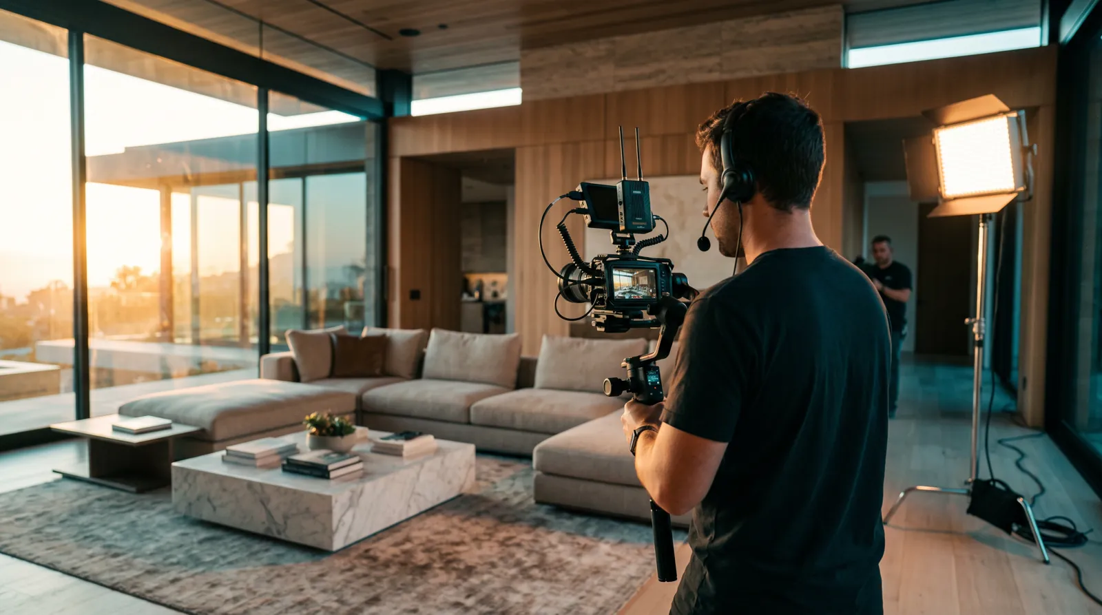 Camera operator filming a living room walkthrough