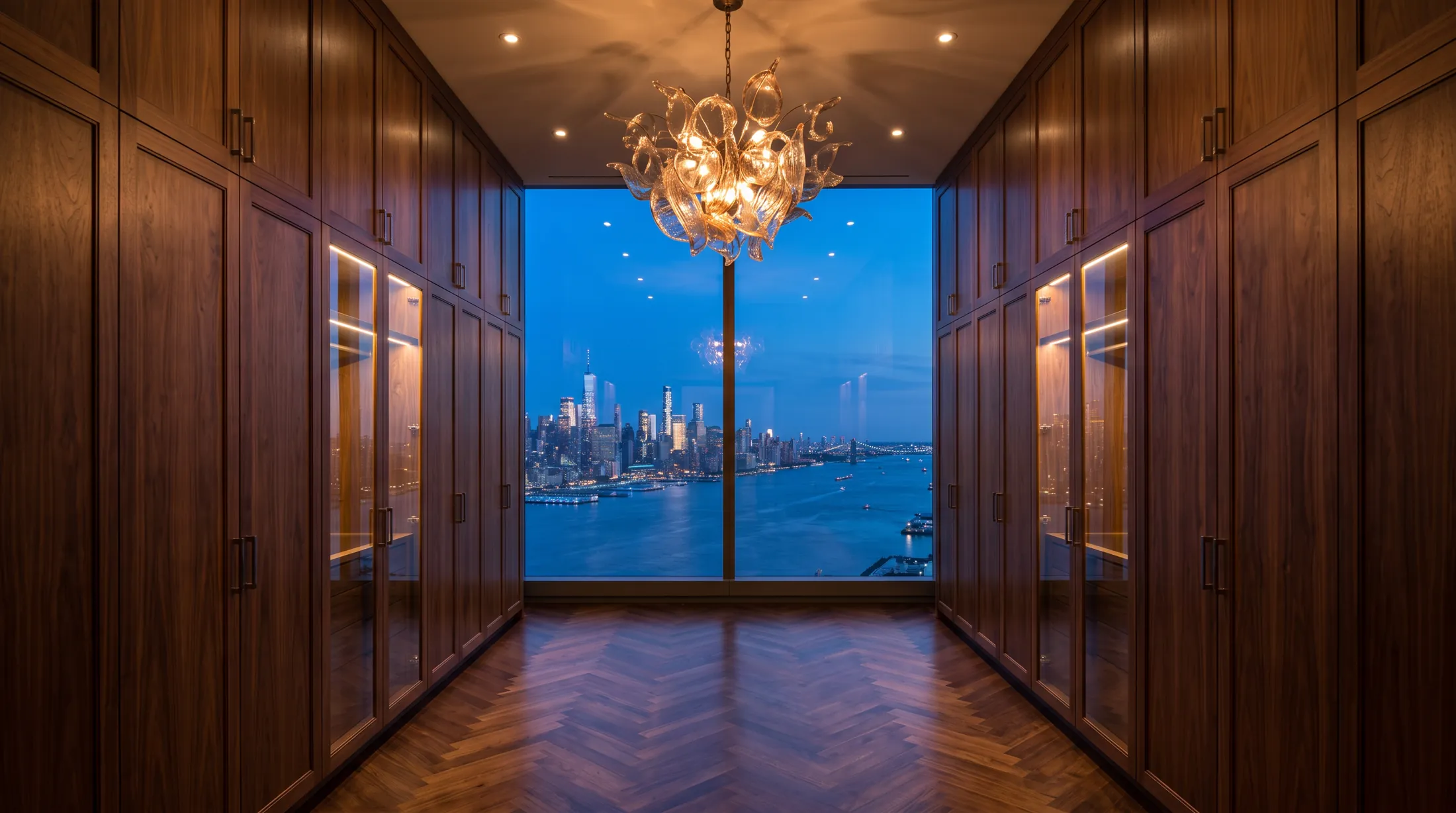 Penthouse hallway framing the New York skyline at blue hour