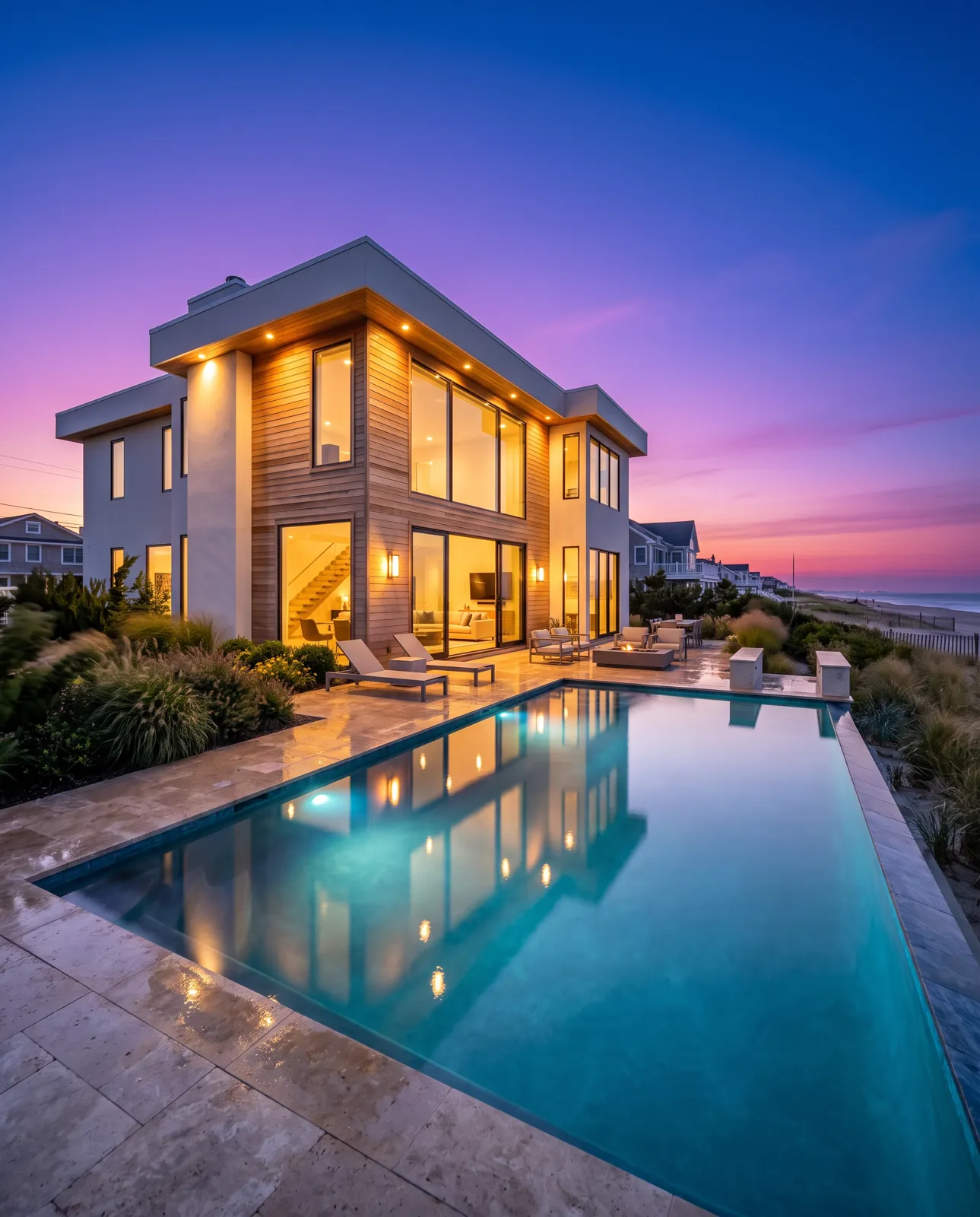 Modern coastal home on the Jersey Shore at dusk