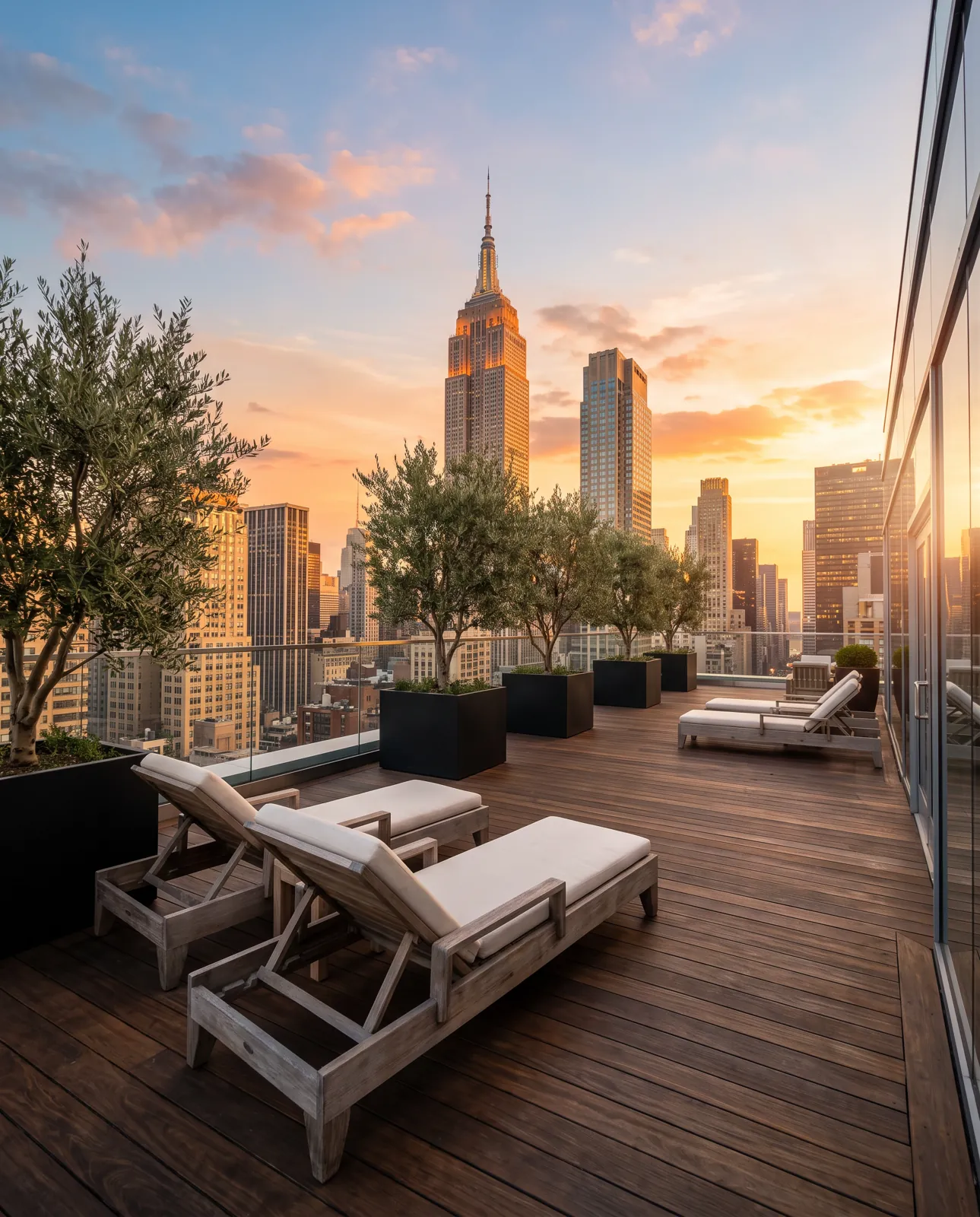 Manhattan penthouse terrace at golden hour