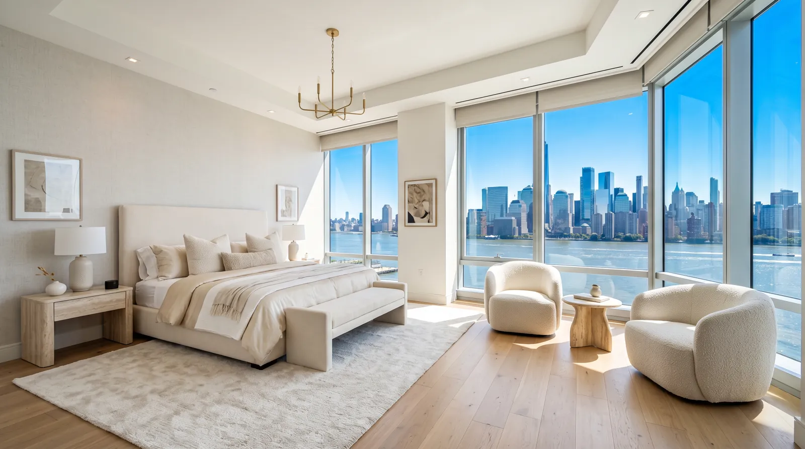 High-rise bedroom looking across the Hudson to Lower Manhattan